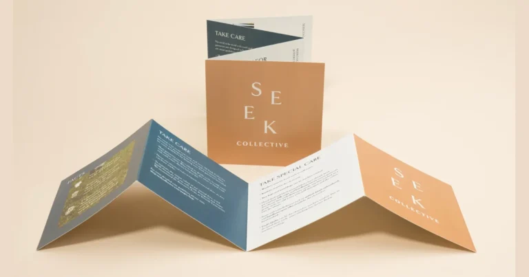 Accordion fold brochure standing open in a zigzag, with a second one folded behind it