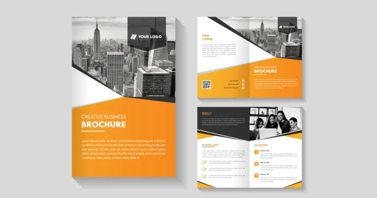 Orange and white bi-fold business brochure shown closed and opened flat