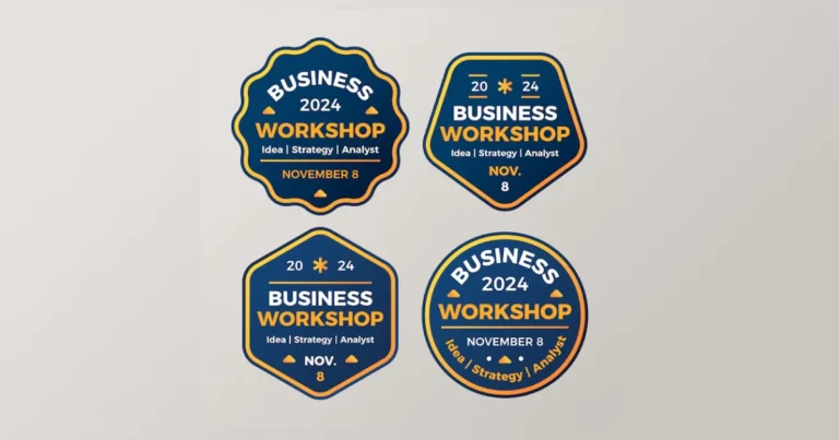 Four navy and gold business workshop stickers in different shapes