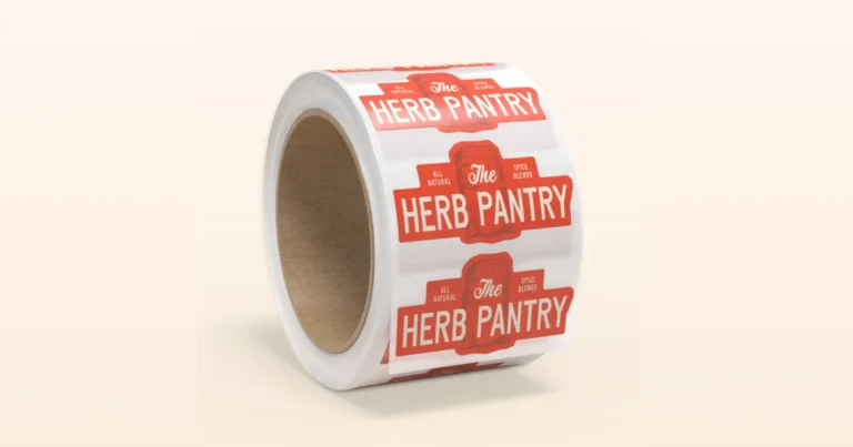 Roll of red and cream product label stickers