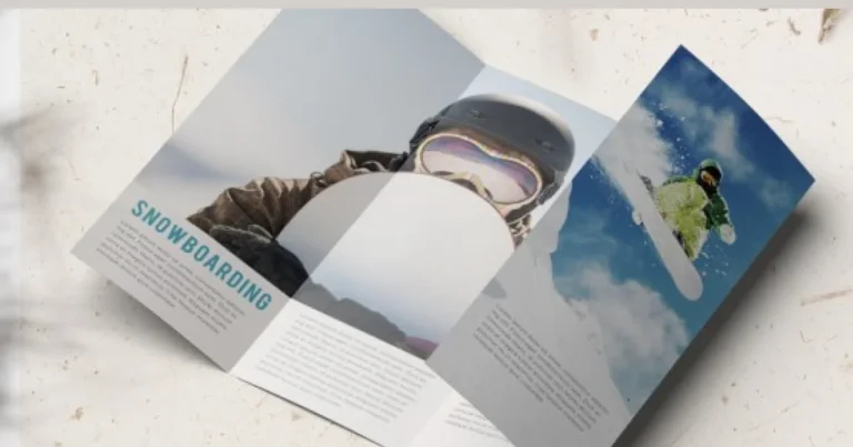Open double-parallel fold brochure with snowboarding photos