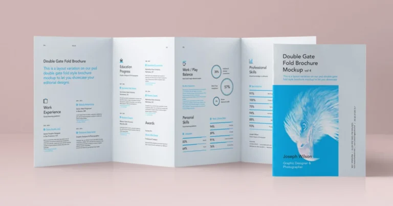 Double gate fold brochure opened into four panels beside its blue cover