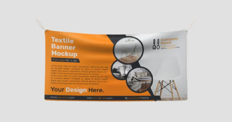 Orange fabric banner hung from its top corners