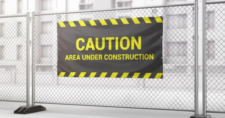 Black and yellow mesh caution banner on a construction fence