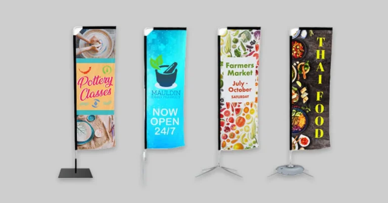 Four rectangle flags for pottery classes, a pharmacy, a farmers market and Thai food