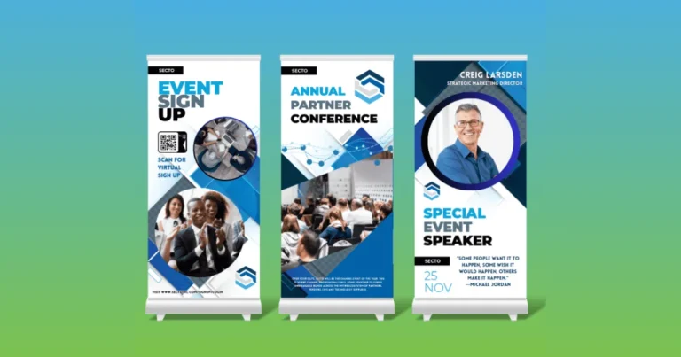 Three retractable roll-up banners for an event sign-up, a partner conference and a guest speaker