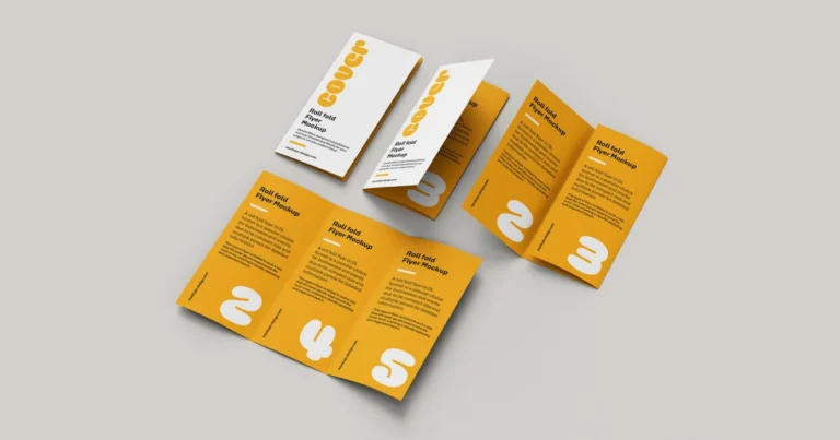 Yellow roll fold brochures shown closed, half-open and fully unrolled