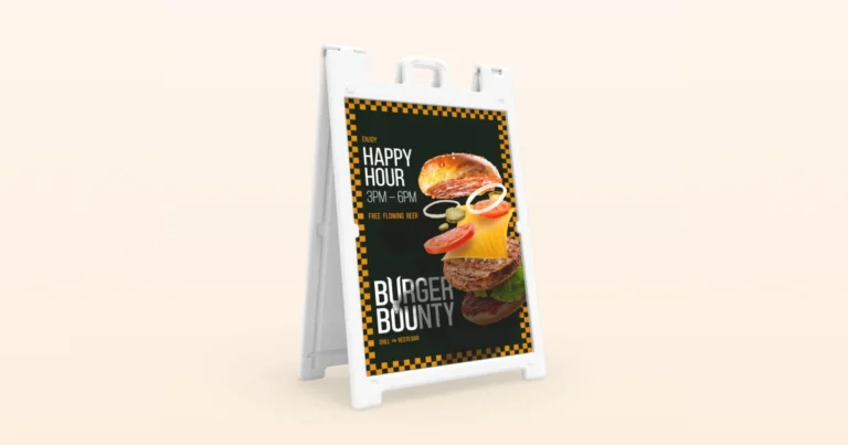 White Signicade A-frame sign holding a happy hour burger poster