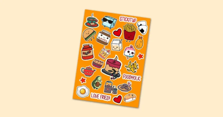 Orange sticker sheet filled with cartoon food stickers