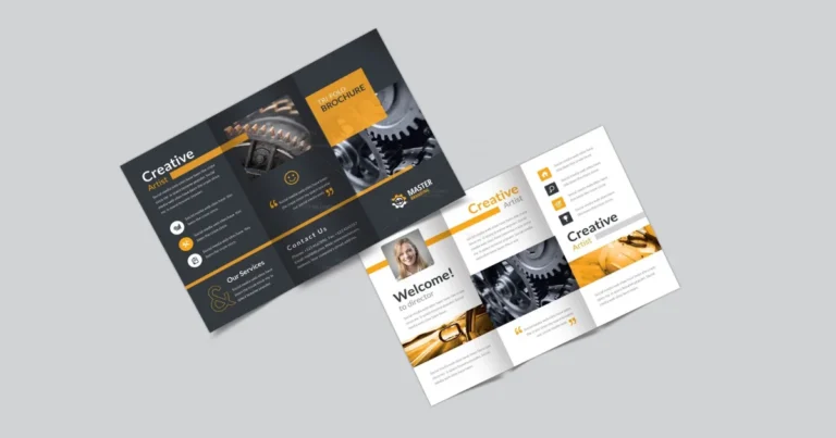 Dark grey and yellow tri-fold brochure shown outside and inside