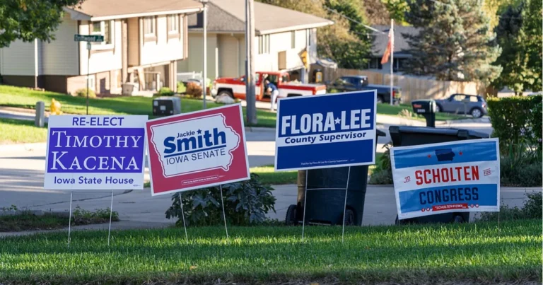 Campaign yard signs standing on a front lawn