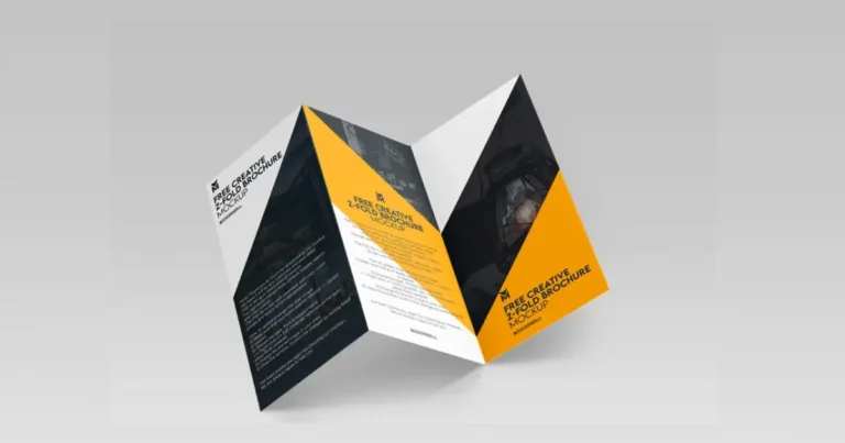 Yellow and black z-fold brochure standing open in a zigzag