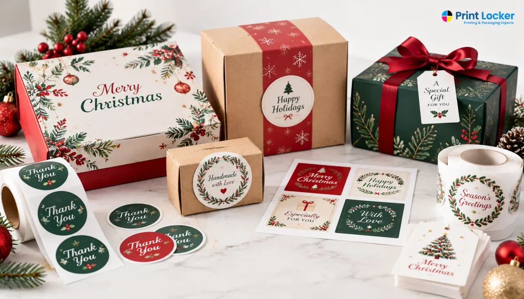 Custom Christmas packaging and printed product stickers