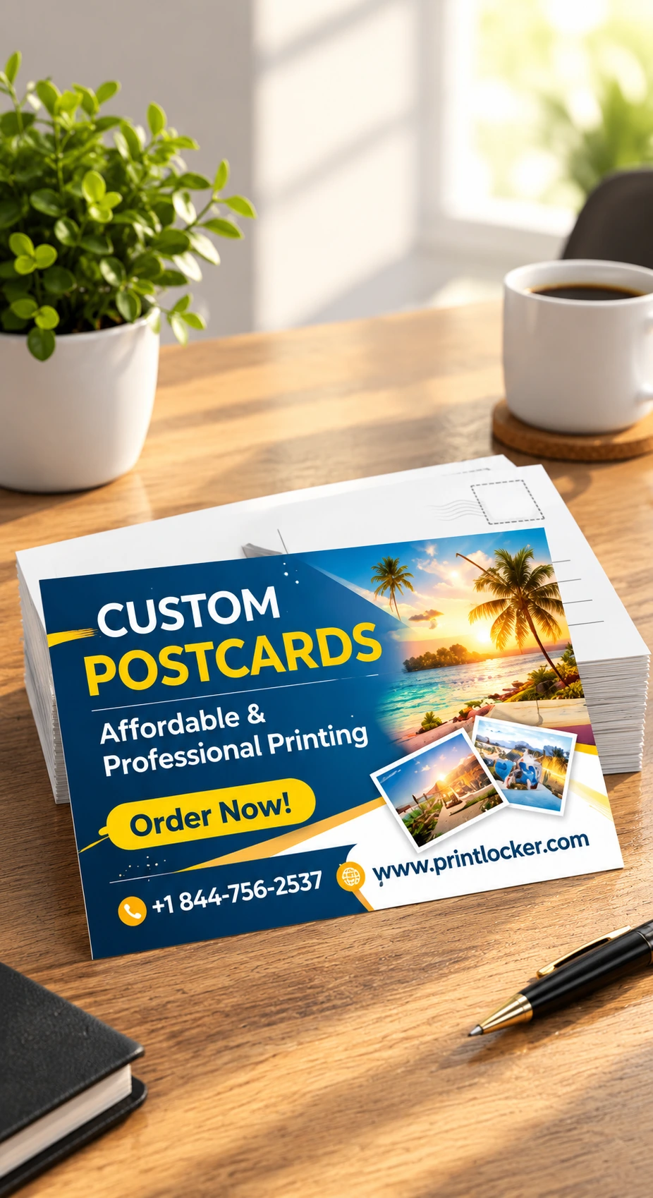 Stack of PrintLocker custom postcards with a beach sunset design on a wooden desk