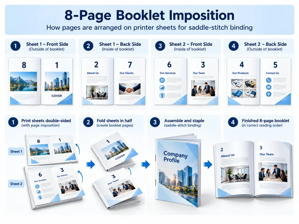 Eight-page booklet imposition and printer spread example