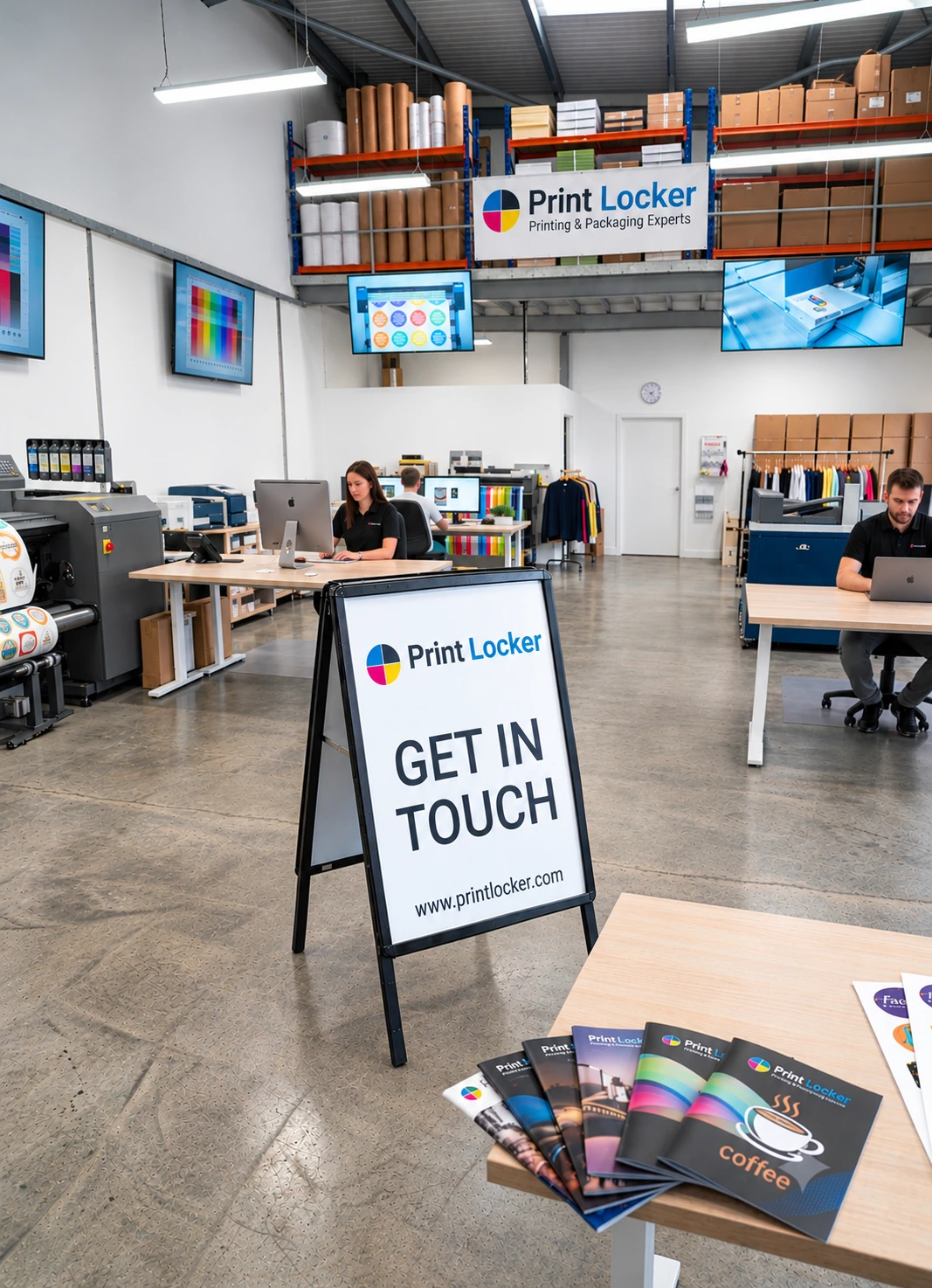 PrintLocker print shop with a "Get in touch" sign, staff at work and printed brochures on a table