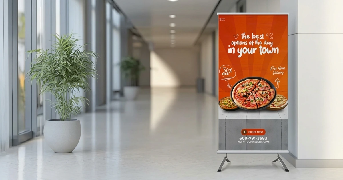 Retractable roll-up banner advertising a pizza deal, standing in a bright office lobby