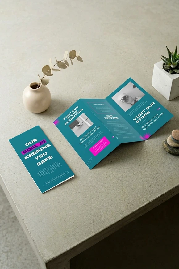 Teal tri-fold brochures, one closed and one open, on a stone tabletop