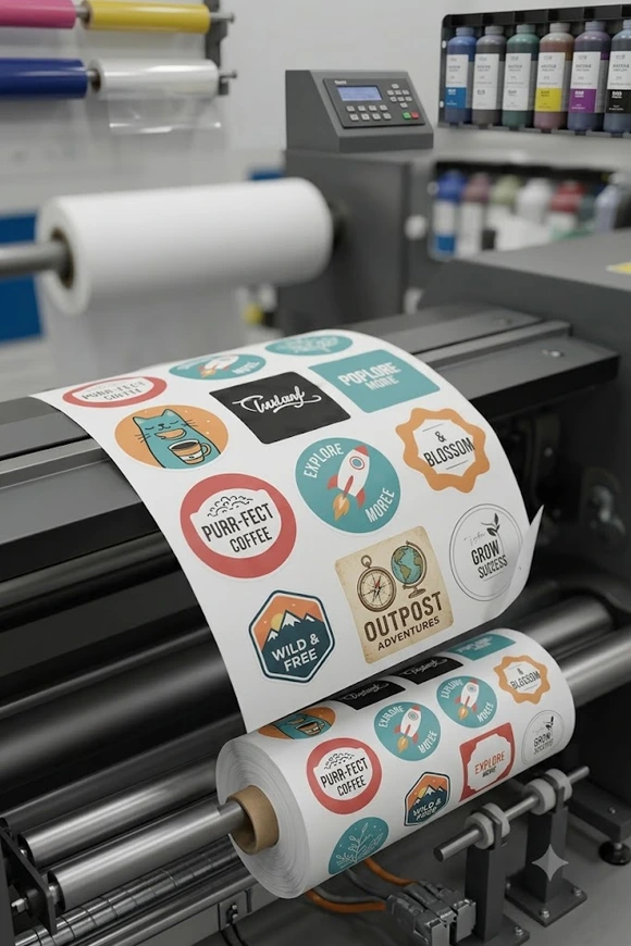 Sheet of colorful logo stickers coming off a roll on a sticker printing press